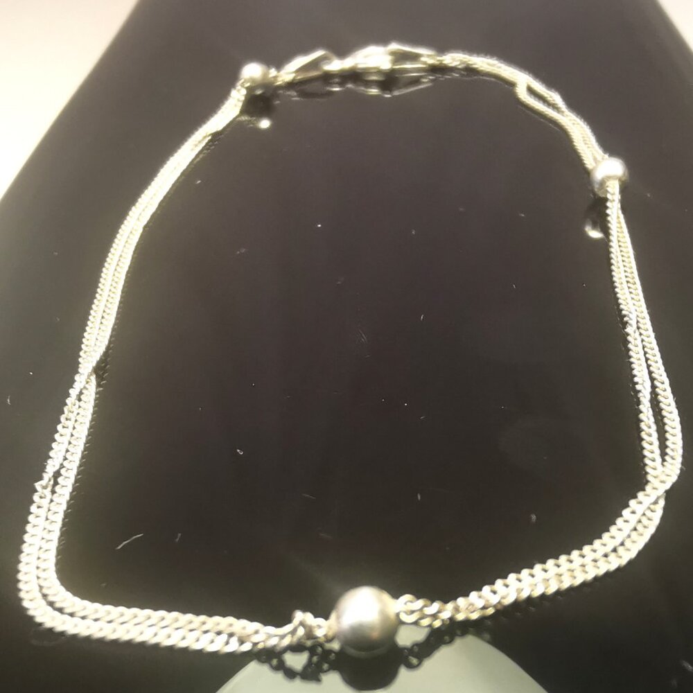925 Sterling Silver Double Curb Link Bead Bracelet 1990 Italy 7.75" Dainty Large